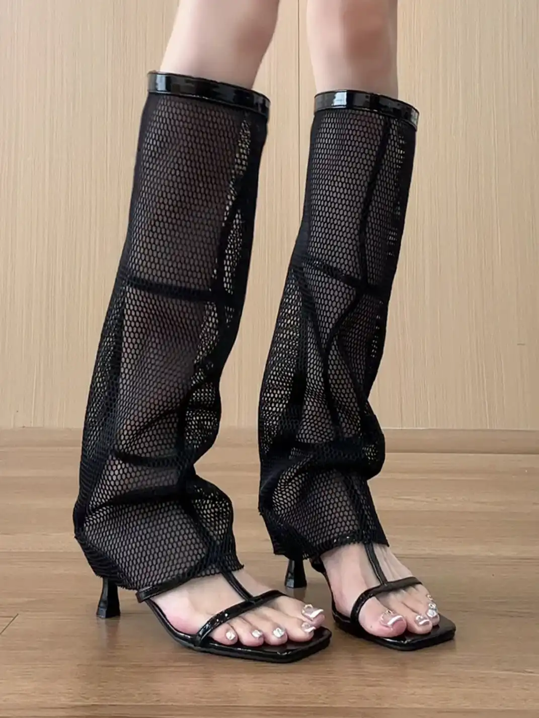 BUTING | Mesh Hollow Out High-Calf High Heel Sandal Boots