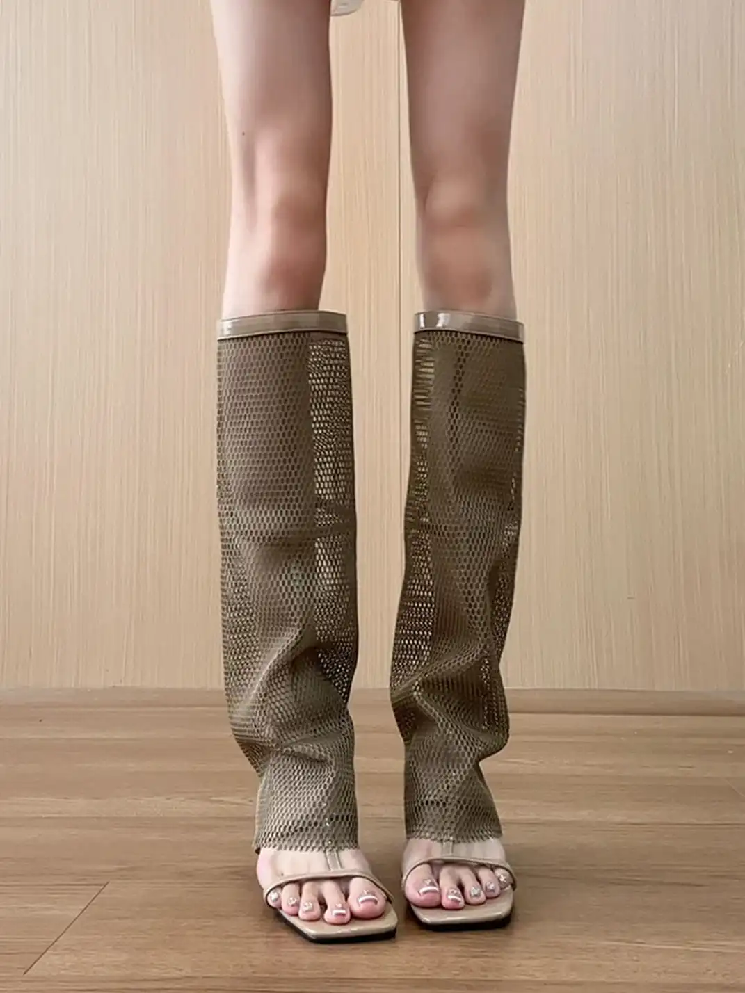 BUTING | Mesh Hollow Out High-Calf High Heel Sandal Boots