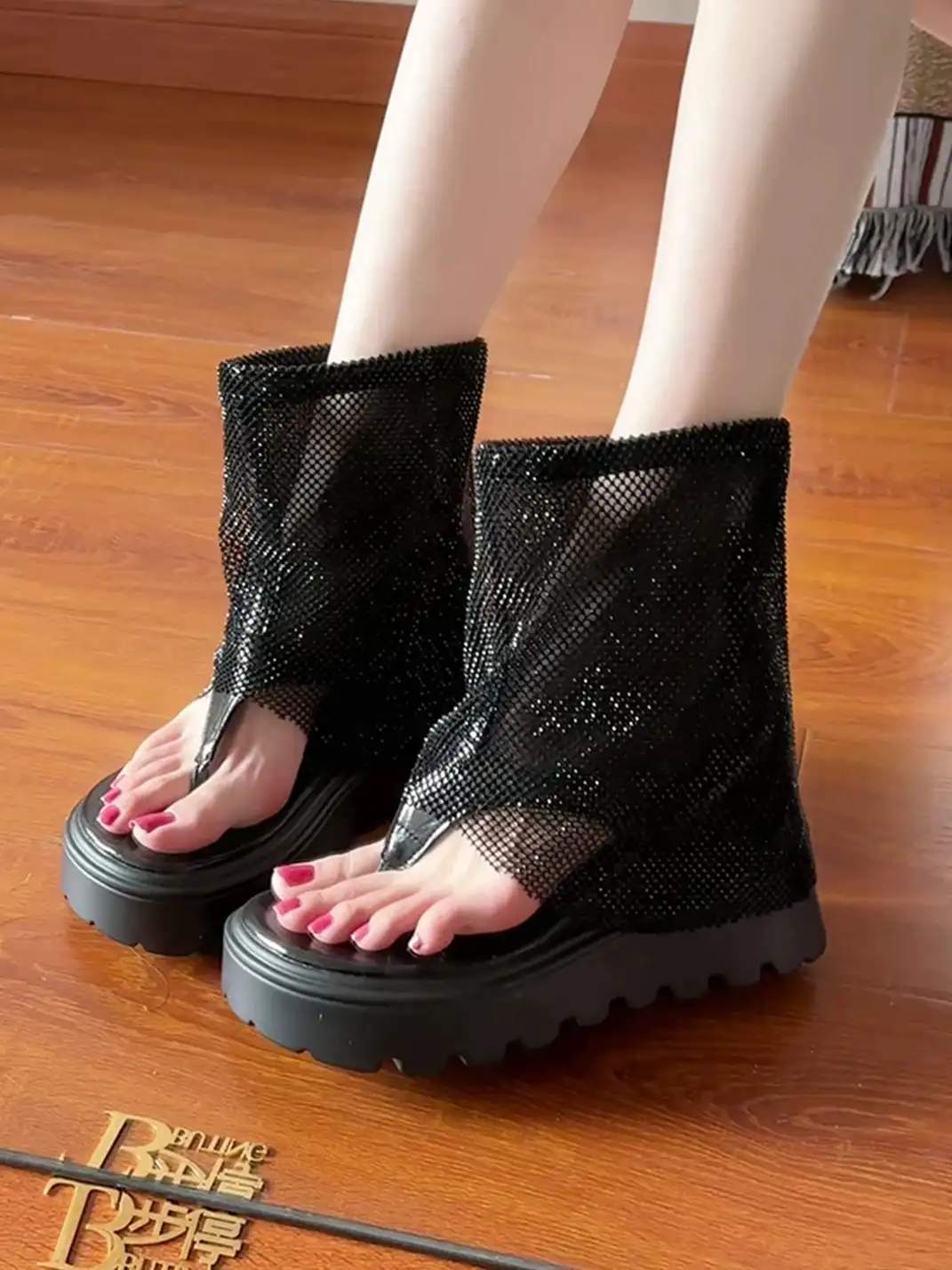 BUTING | Starry Rhinestone Mesh Thong Roman Sandal Boots