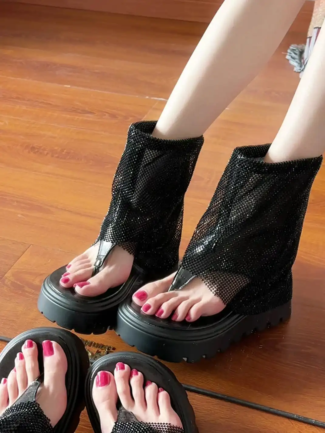 BUTING | Starry Rhinestone Mesh Thong Roman Sandal Boots