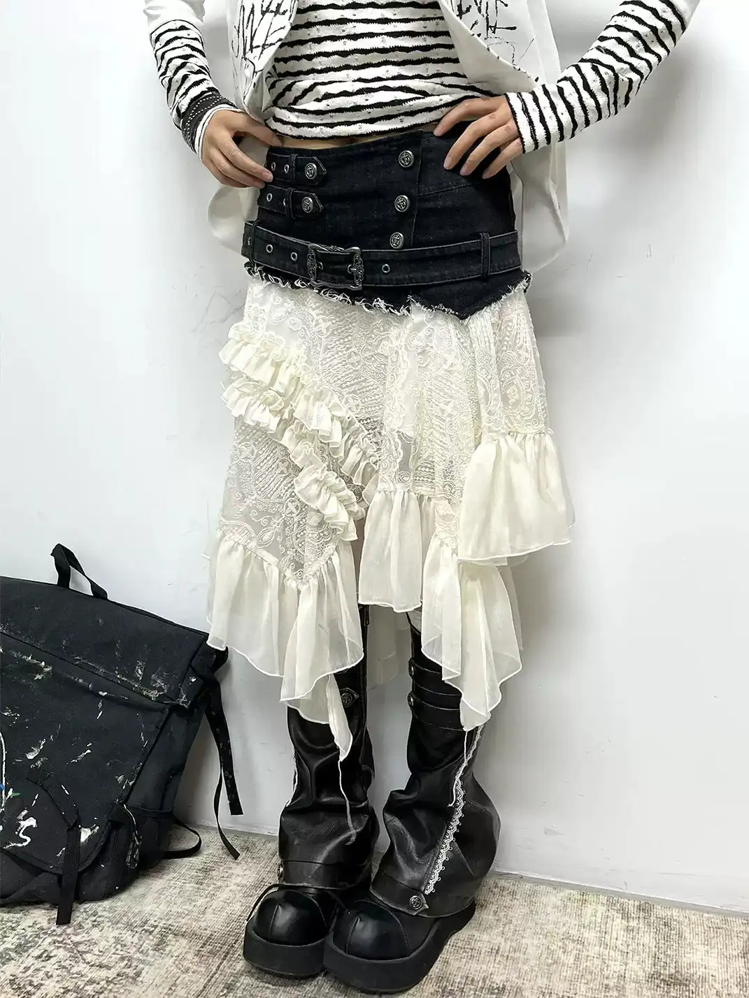CestNous | Deconstructed Denim Spliced Lace Ruched Midi Skirt