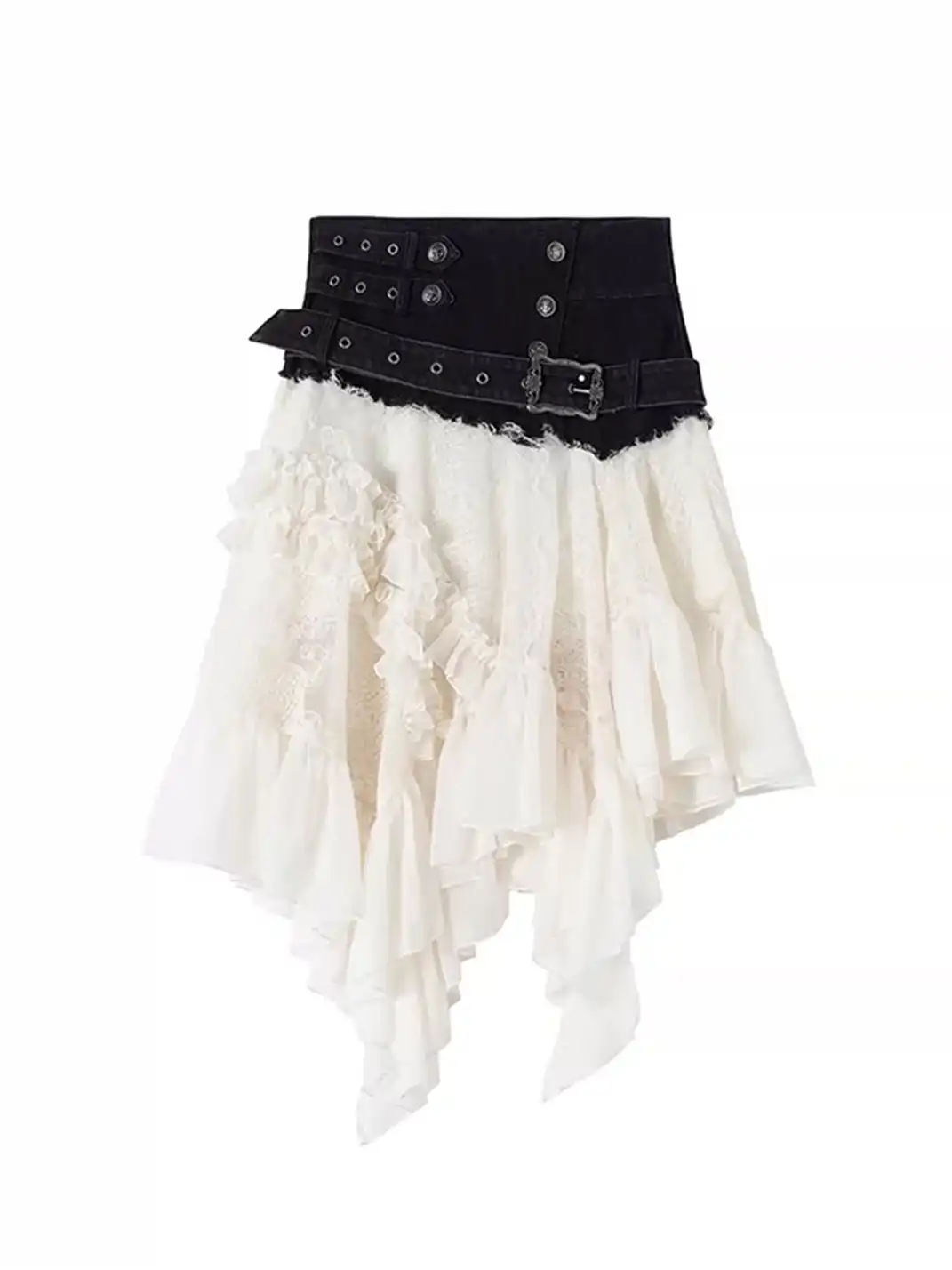CestNous | Deconstructed Denim Spliced Lace Ruched Midi Skirt