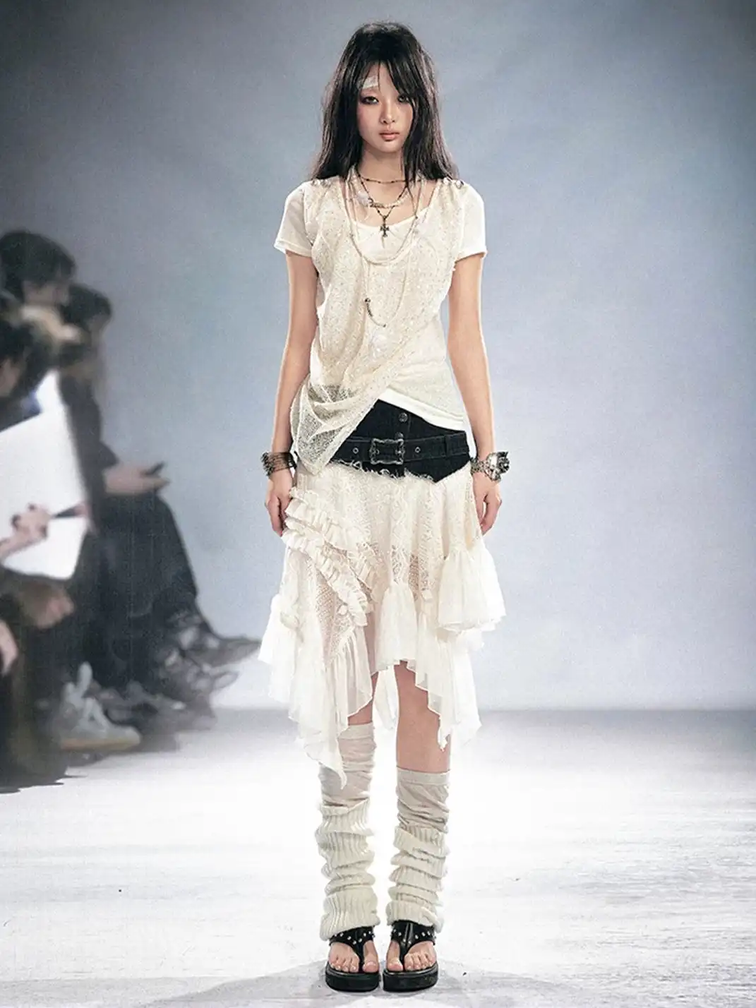 CestNous | Deconstructed Denim Spliced Lace Ruched Midi Skirt