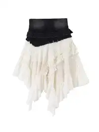 CestNous | Deconstructed Denim Spliced Lace Ruched Midi Skirt