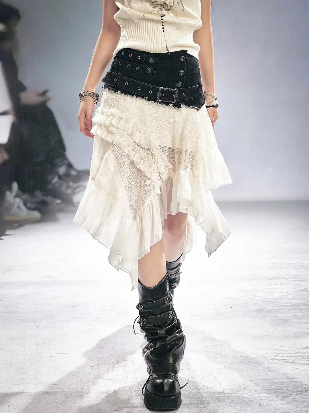 CestNous | Deconstructed Denim Spliced Lace Ruched Midi Skirt