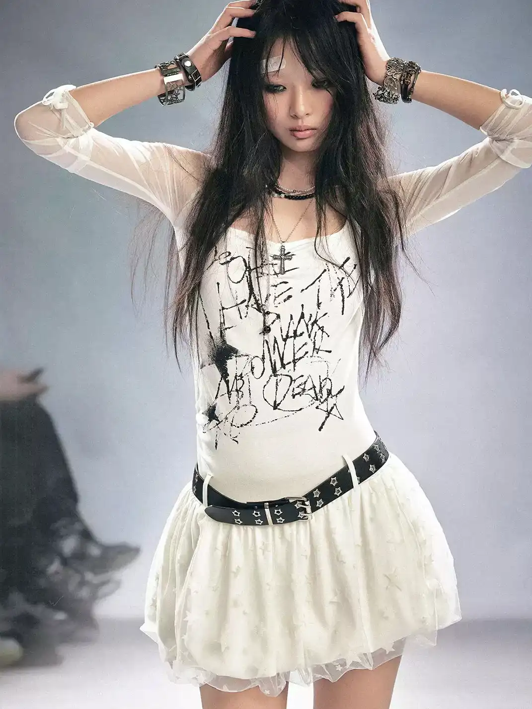 CestNous | Raglan Sleeve Spliced Mesh Star Print Bubble Dress