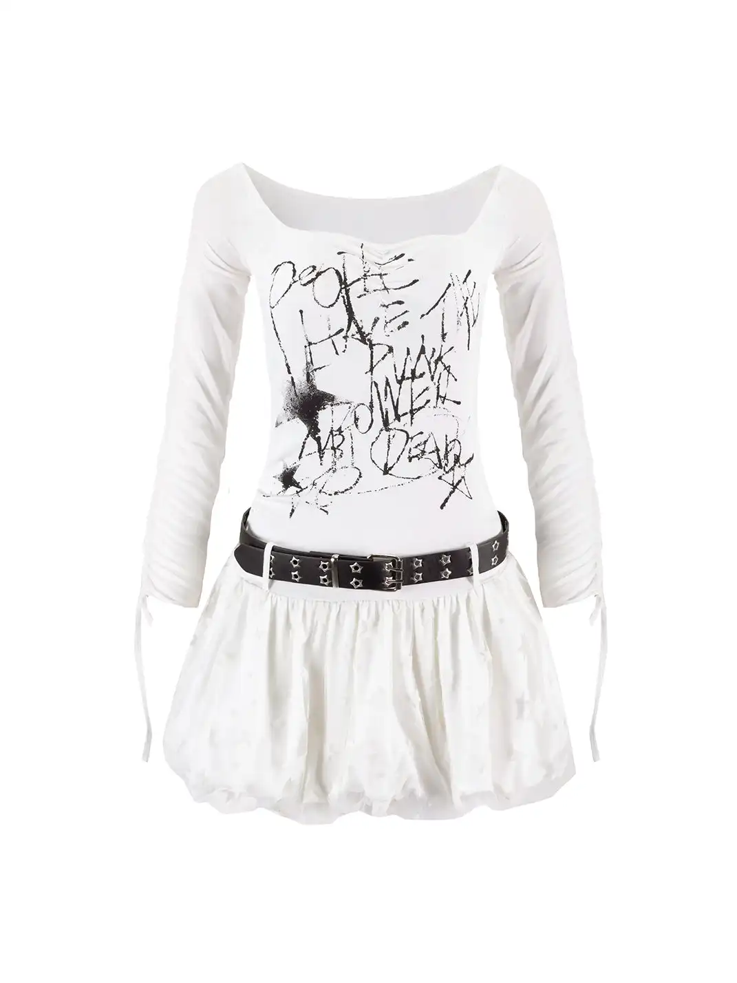 CestNous | Raglan Sleeve Spliced Mesh Star Print Bubble Dress