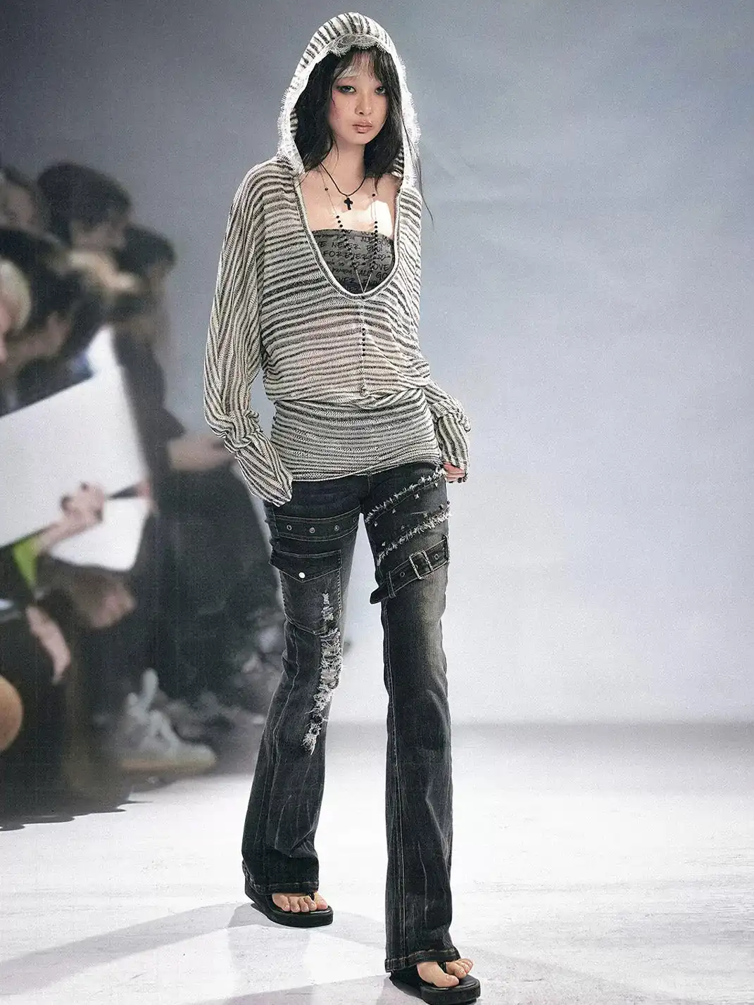 CestNous | Striped Tube Top & Hooded Top Two-Piece Set