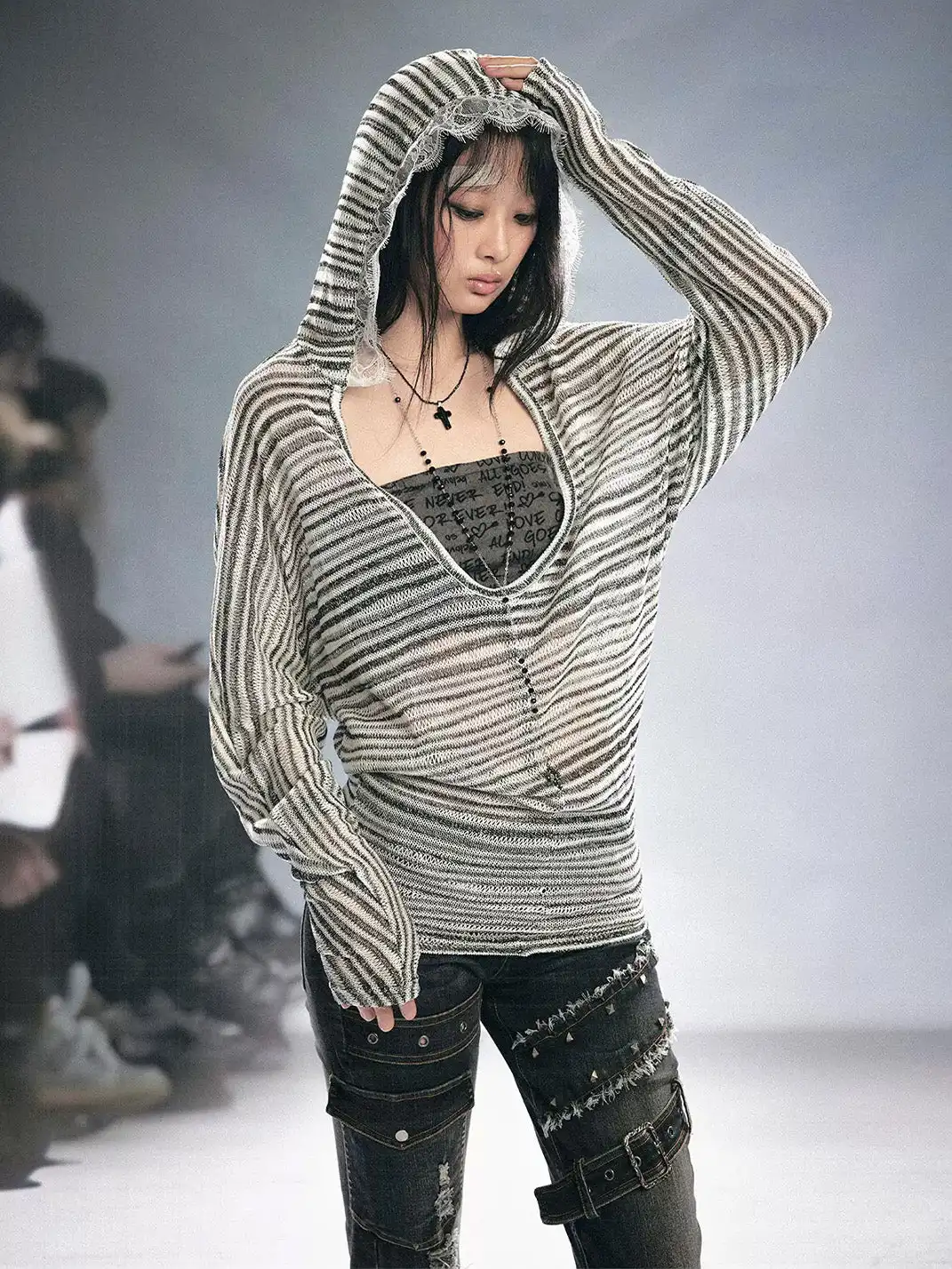 CestNous | Striped Tube Top & Hooded Top Two-Piece Set