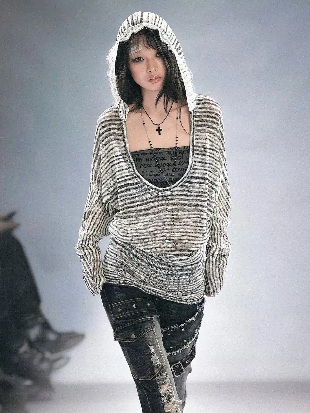 CestNous | Striped Tube Top & Hooded Top Two-Piece Set