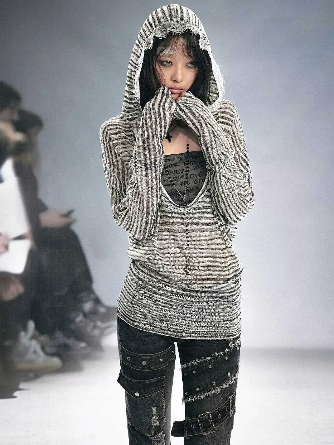 CestNous | Striped Tube Top & Hooded Top Two-Piece Set