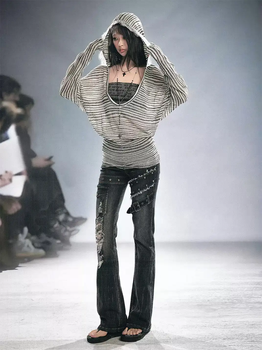 CestNous | Striped Tube Top & Hooded Top Two-Piece Set