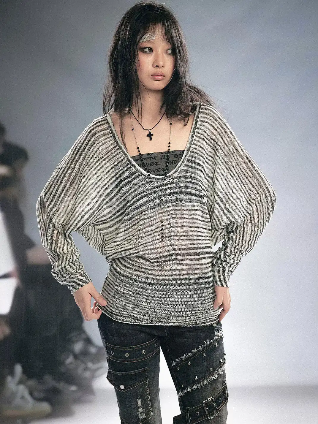 CestNous | Striped Tube Top & Hooded Top Two-Piece Set