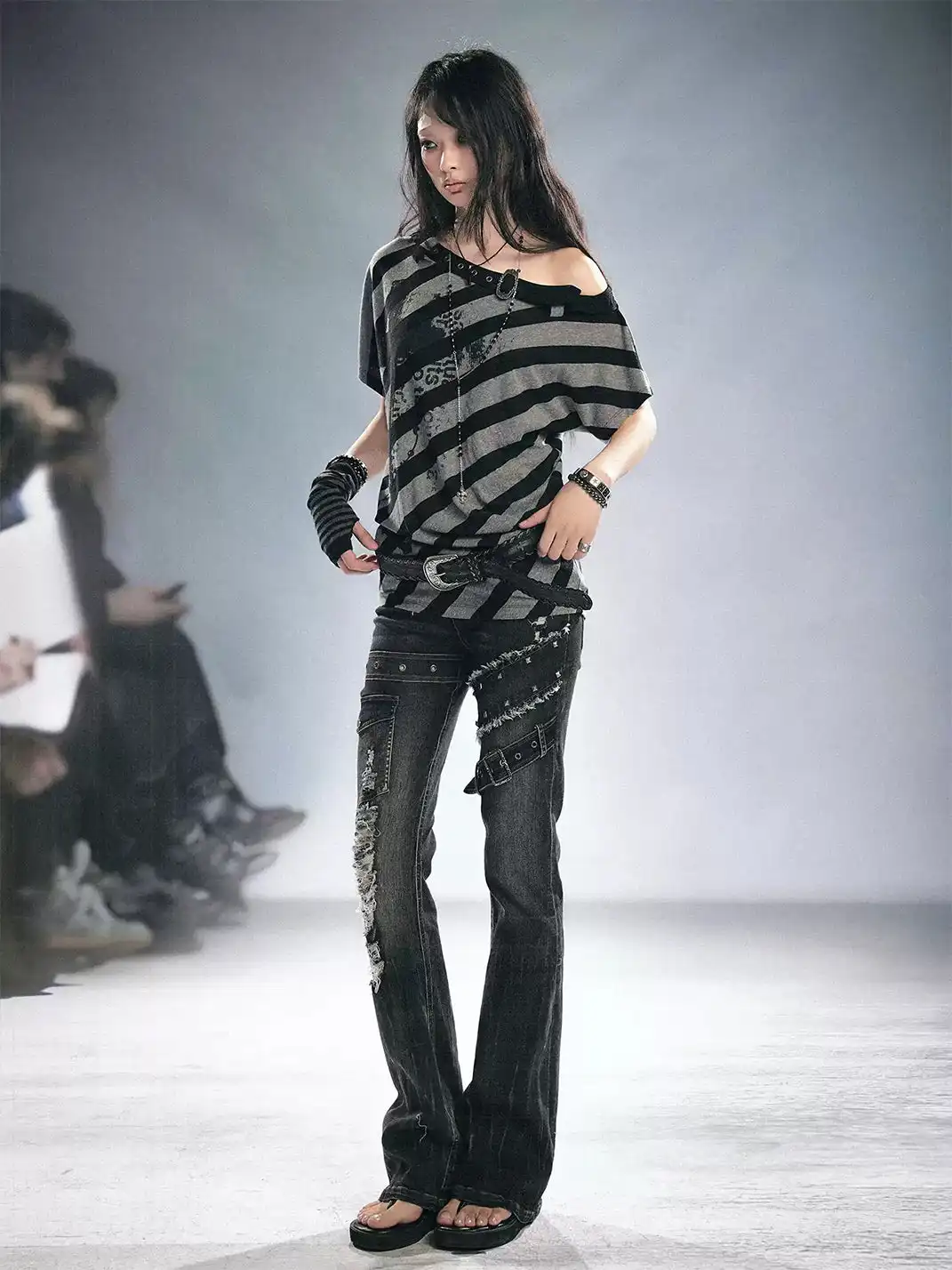 CestNous | Off-Shoulder Striped Graffiti T-Shirt