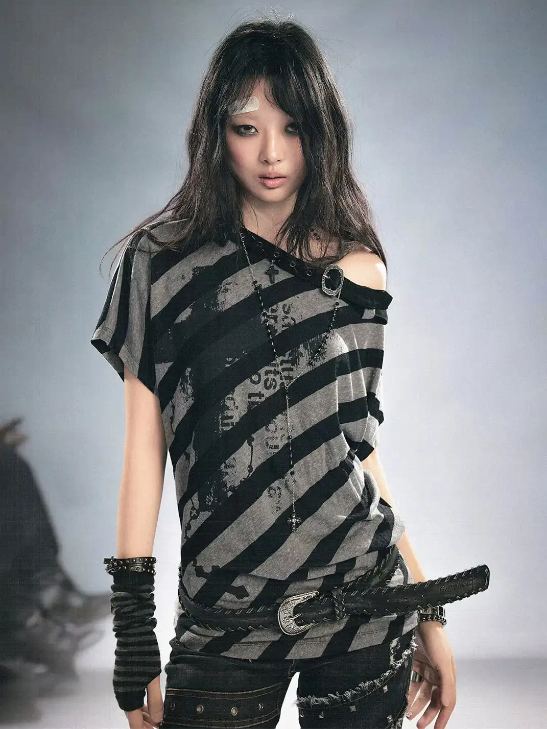 CestNous | Off-Shoulder Striped Graffiti T-Shirt