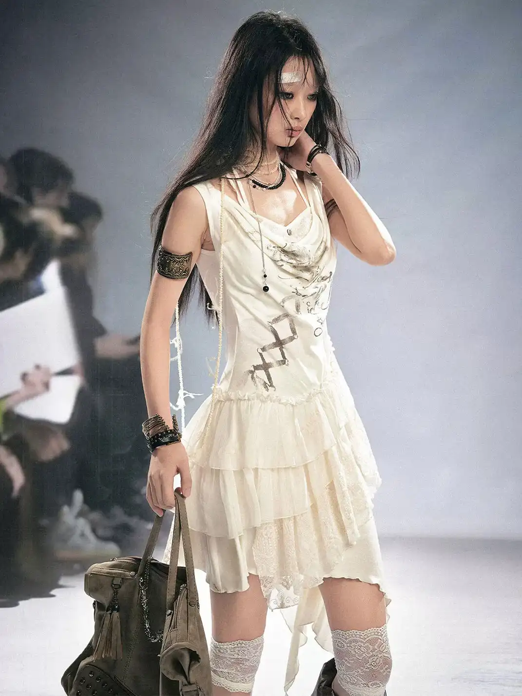 CestNous | Tie Print Lace Spliced Ruffle Slip Dress