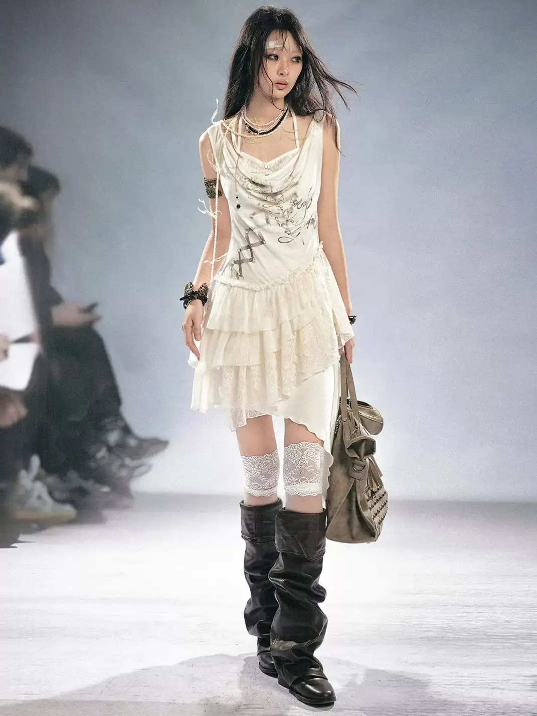 CestNous | Tie Print Lace Spliced Ruffle Slip Dress