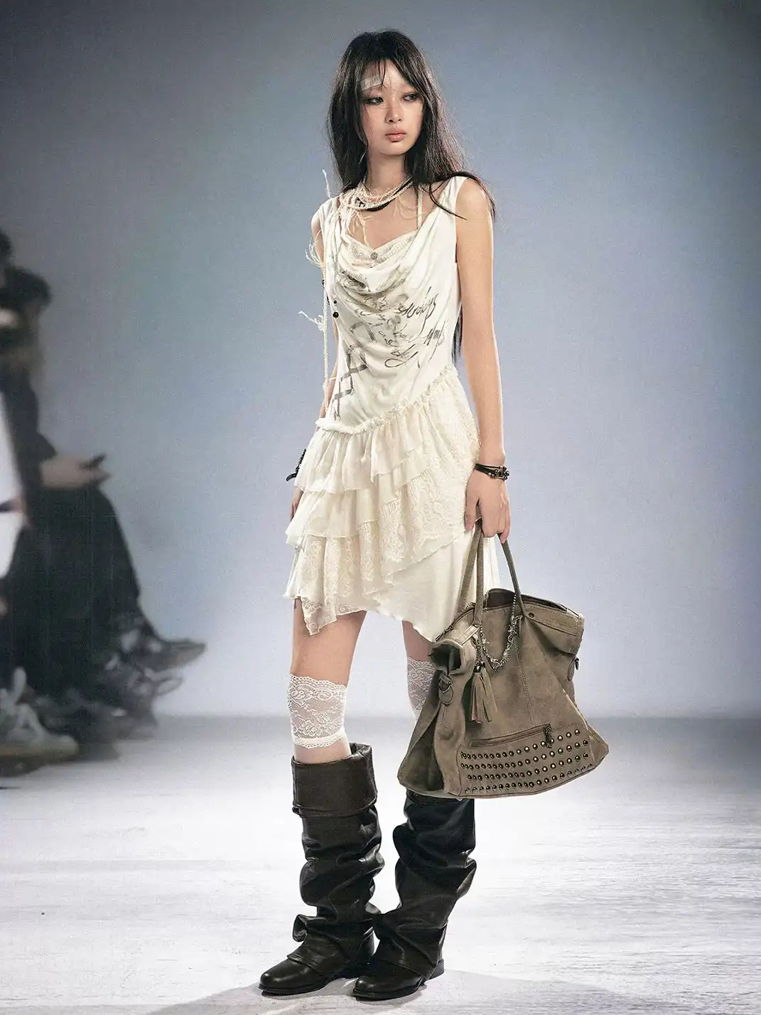 CestNous | Tie Print Lace Spliced Ruffle Slip Dress
