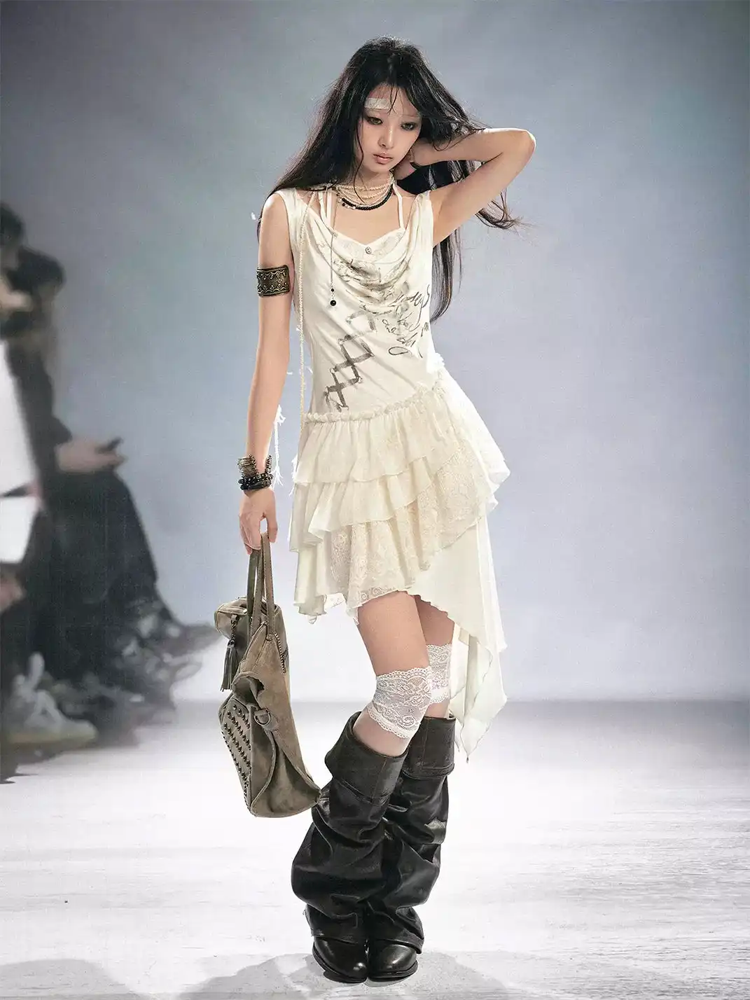 CestNous | Tie Print Lace Spliced Ruffle Slip Dress