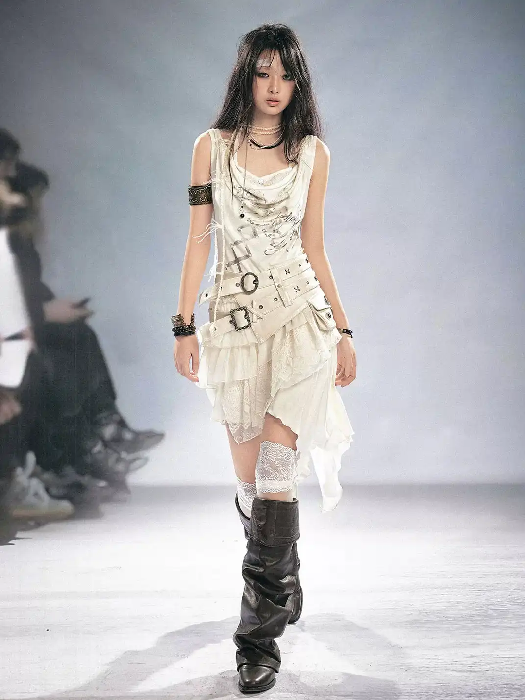 CestNous | Tie Print Lace Spliced Ruffle Slip Dress