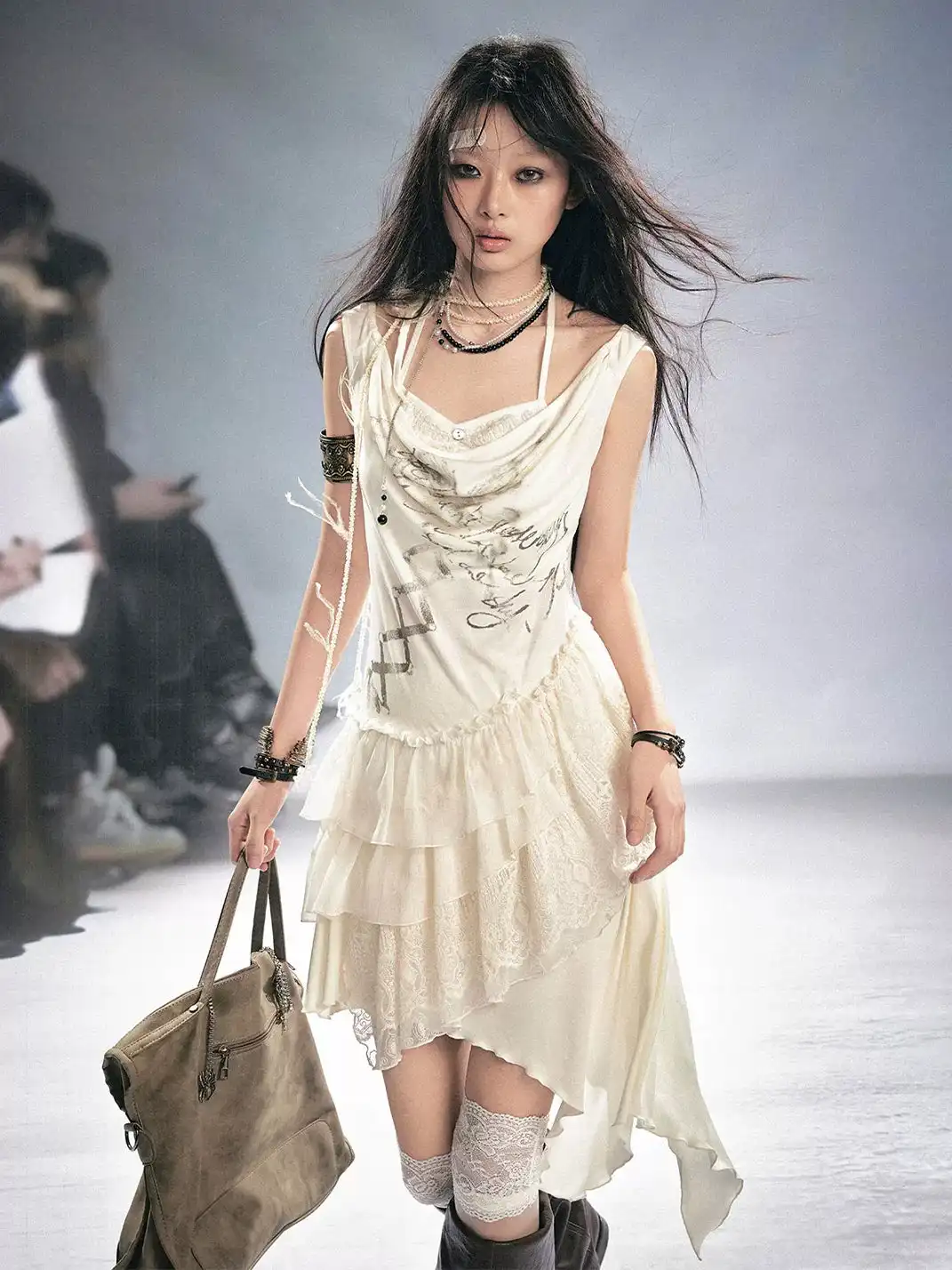 CestNous | Tie Print Lace Spliced Ruffle Slip Dress