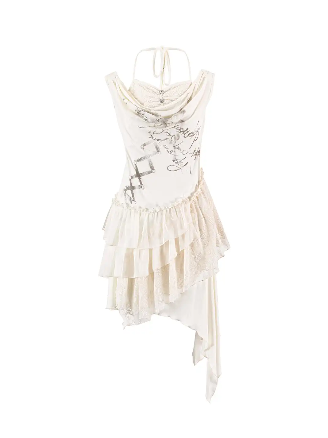 CestNous | Tie Print Lace Spliced Ruffle Slip Dress