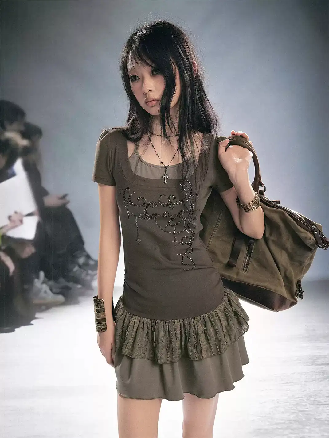 CestNous | Rivet Texture Lace Spliced Fake Two-Piece Slip Dress