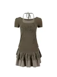 CestNous | Rivet Texture Lace Spliced Fake Two-Piece Slip Dress