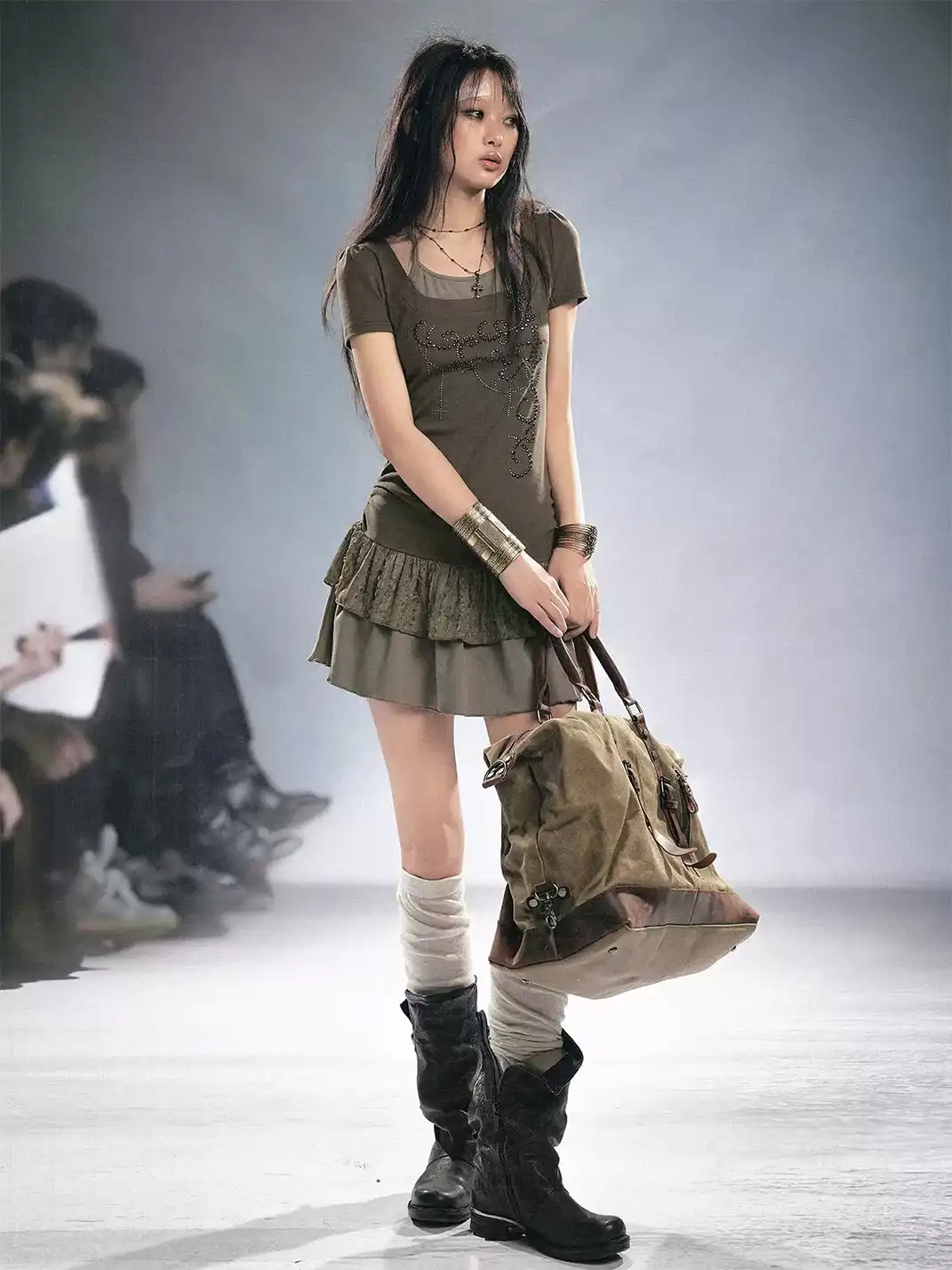 CestNous | Rivet Texture Lace Spliced Fake Two-Piece Slip Dress