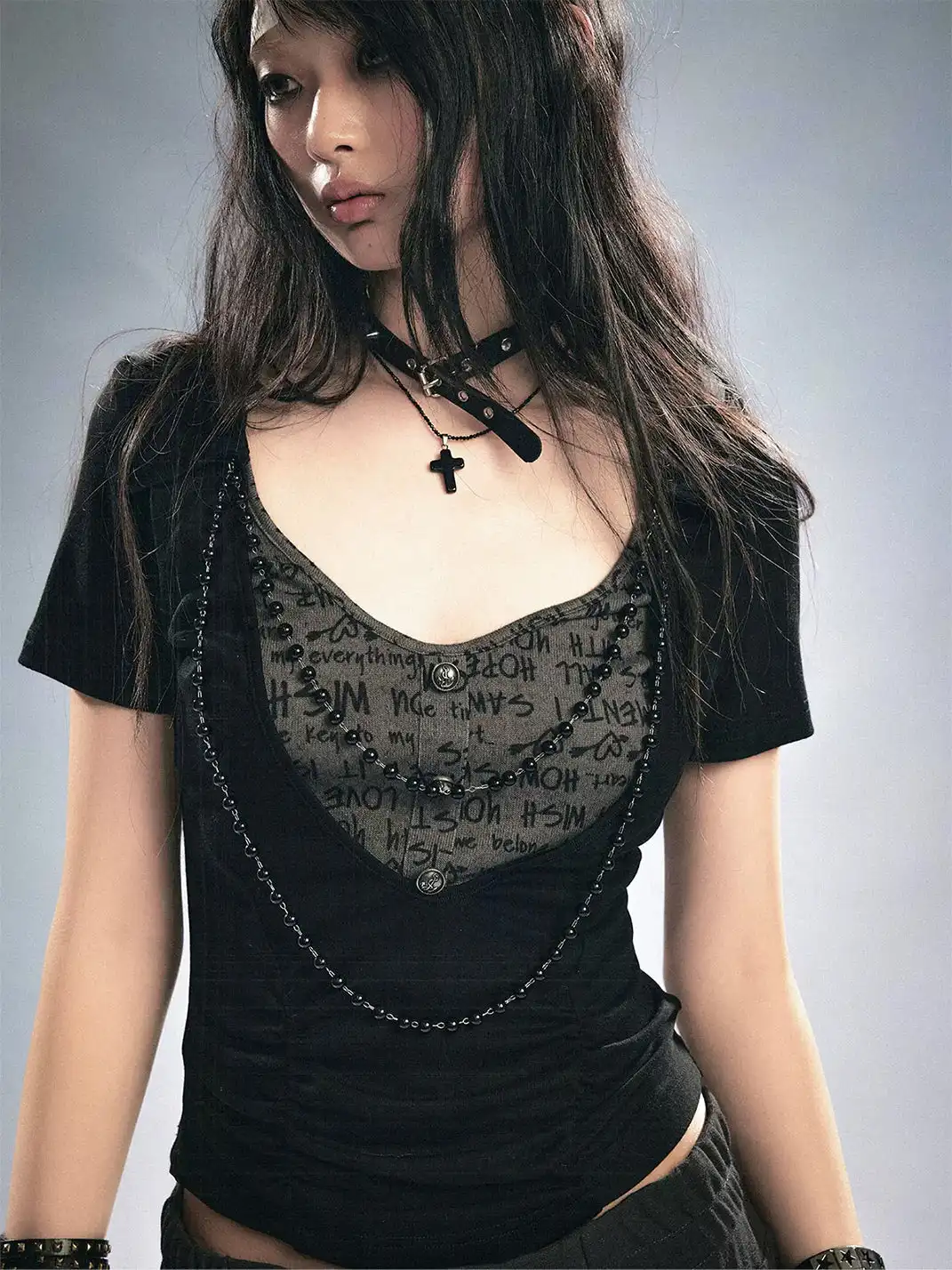 CestNous | Bead Chain Letter Print Color Block Fake Two-Piece T-Shirt