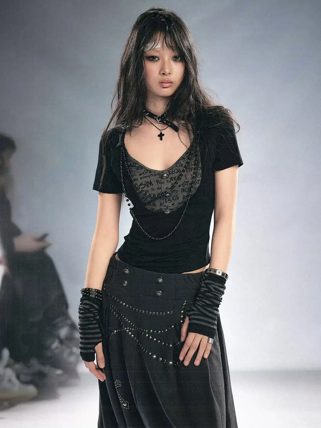 CestNous | Bead Chain Letter Print Color Block Fake Two-Piece T-Shirt