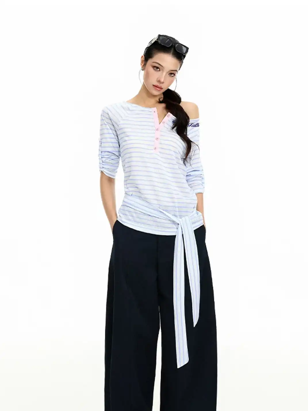BIGGOLD | Striped Pink Button Henley One Shoulder Long Sleeve T-Shirt