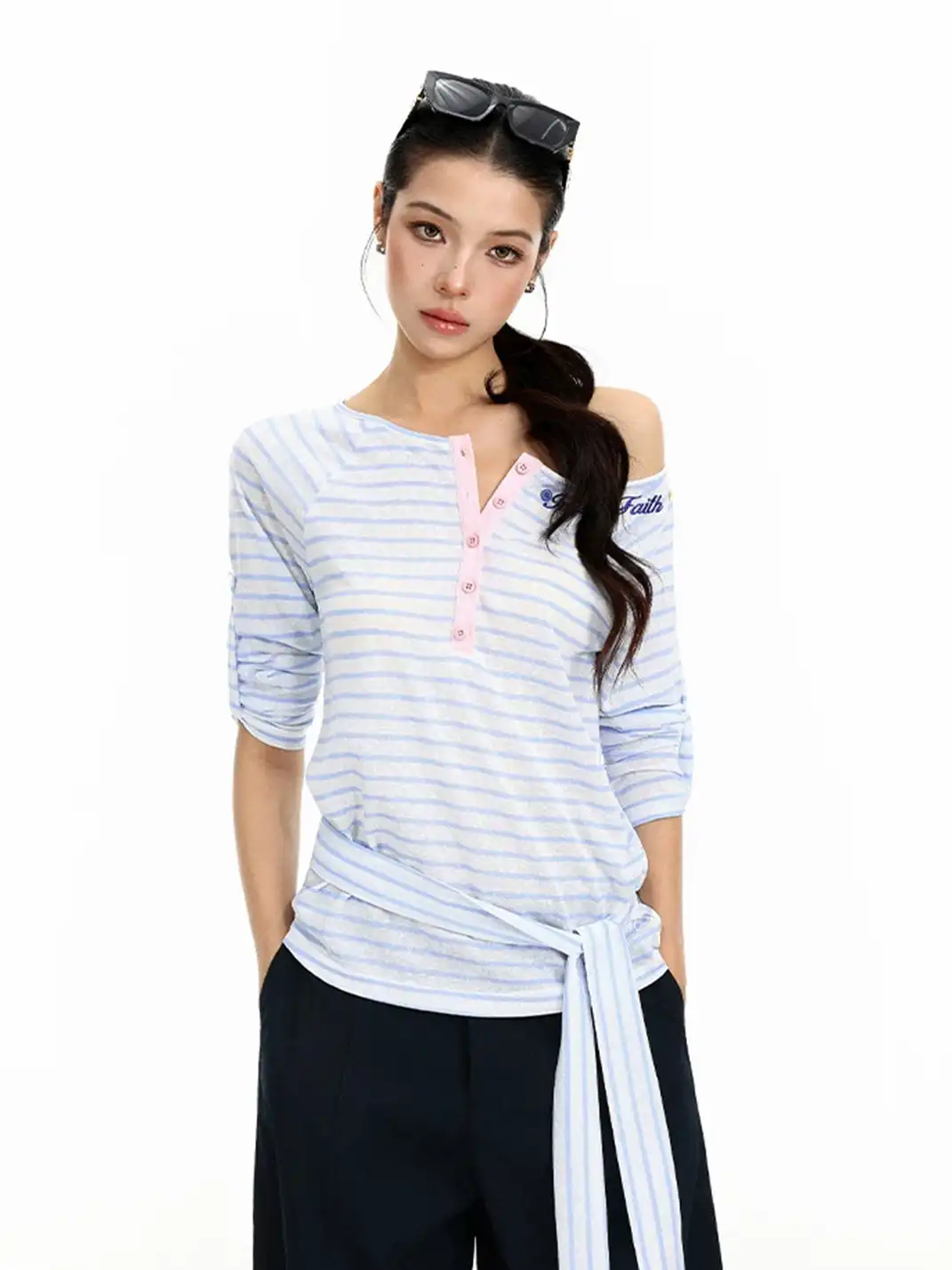 BIGGOLD | Striped Pink Button Henley One Shoulder Long Sleeve T-Shirt