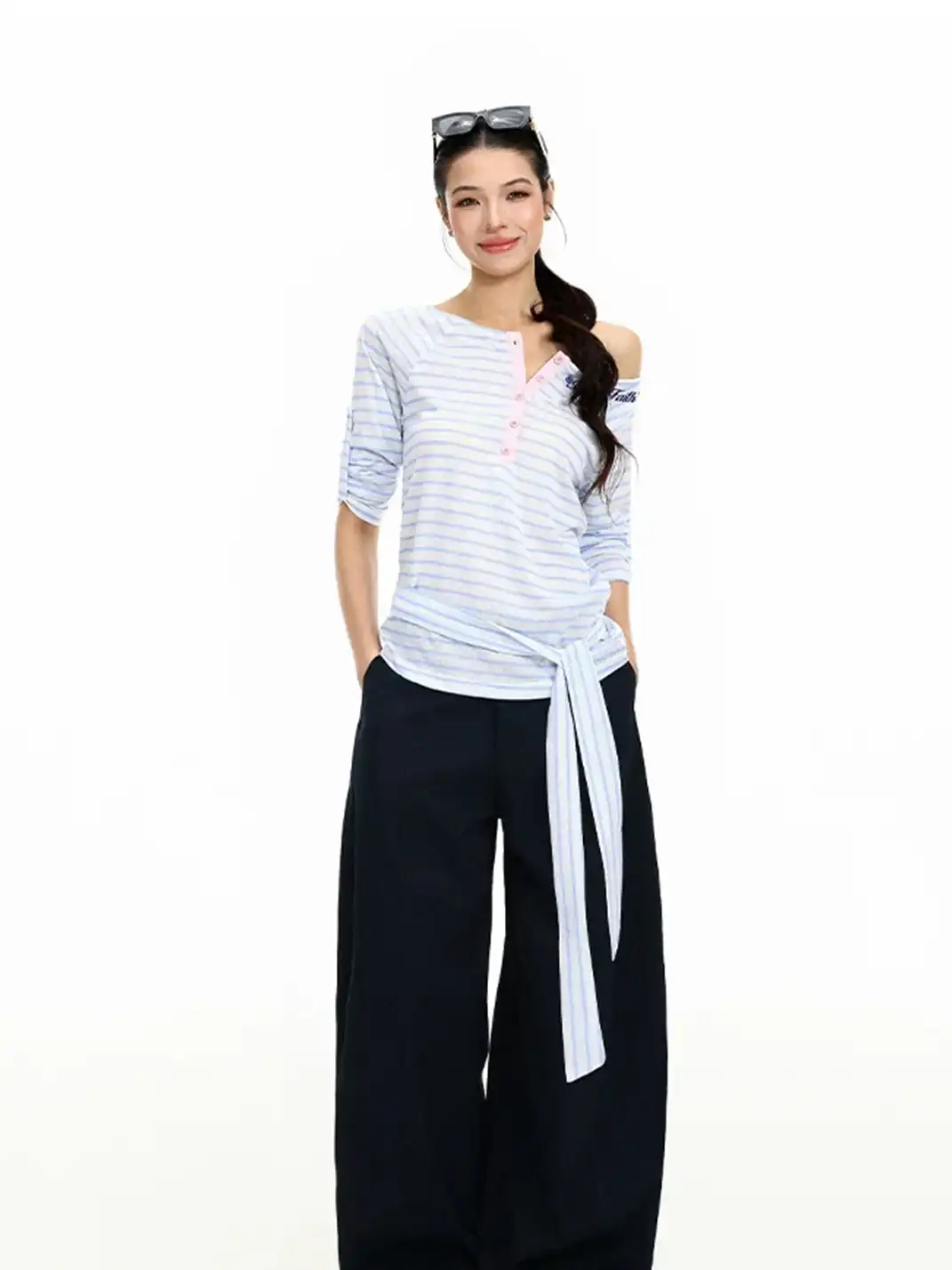 BIGGOLD | Striped Pink Button Henley One Shoulder Long Sleeve T-Shirt