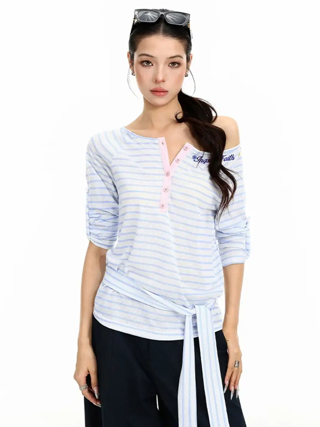 BIGGOLD | Striped Pink Button Henley One Shoulder Long Sleeve T-Shirt