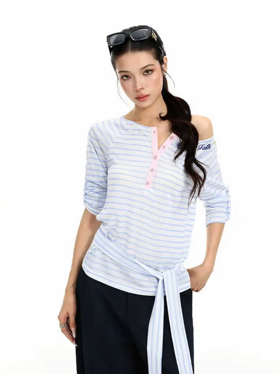 BIGGOLD | Striped Pink Button Henley One Shoulder Long Sleeve T-Shirt