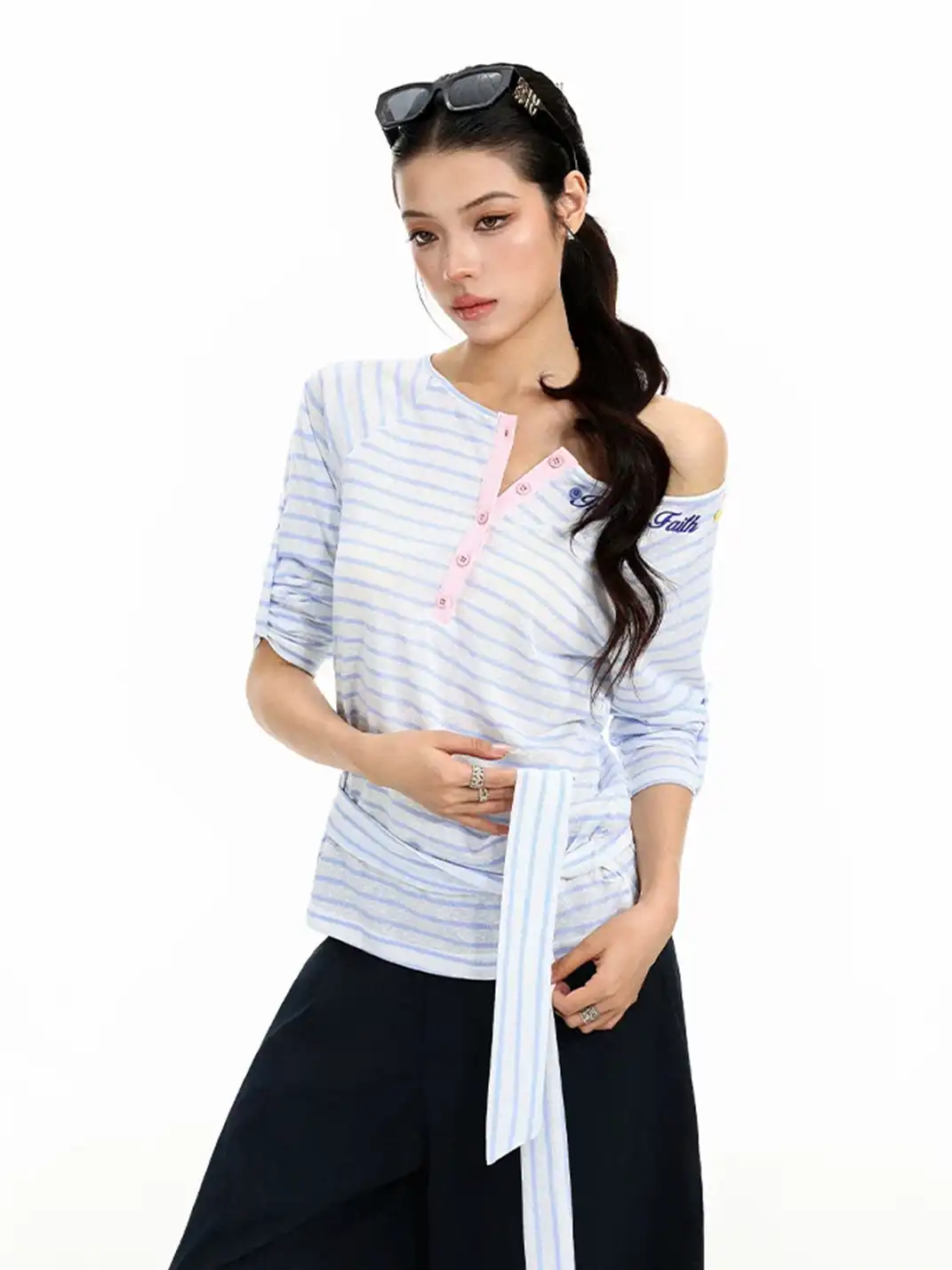 BIGGOLD | Striped Pink Button Henley One Shoulder Long Sleeve T-Shirt
