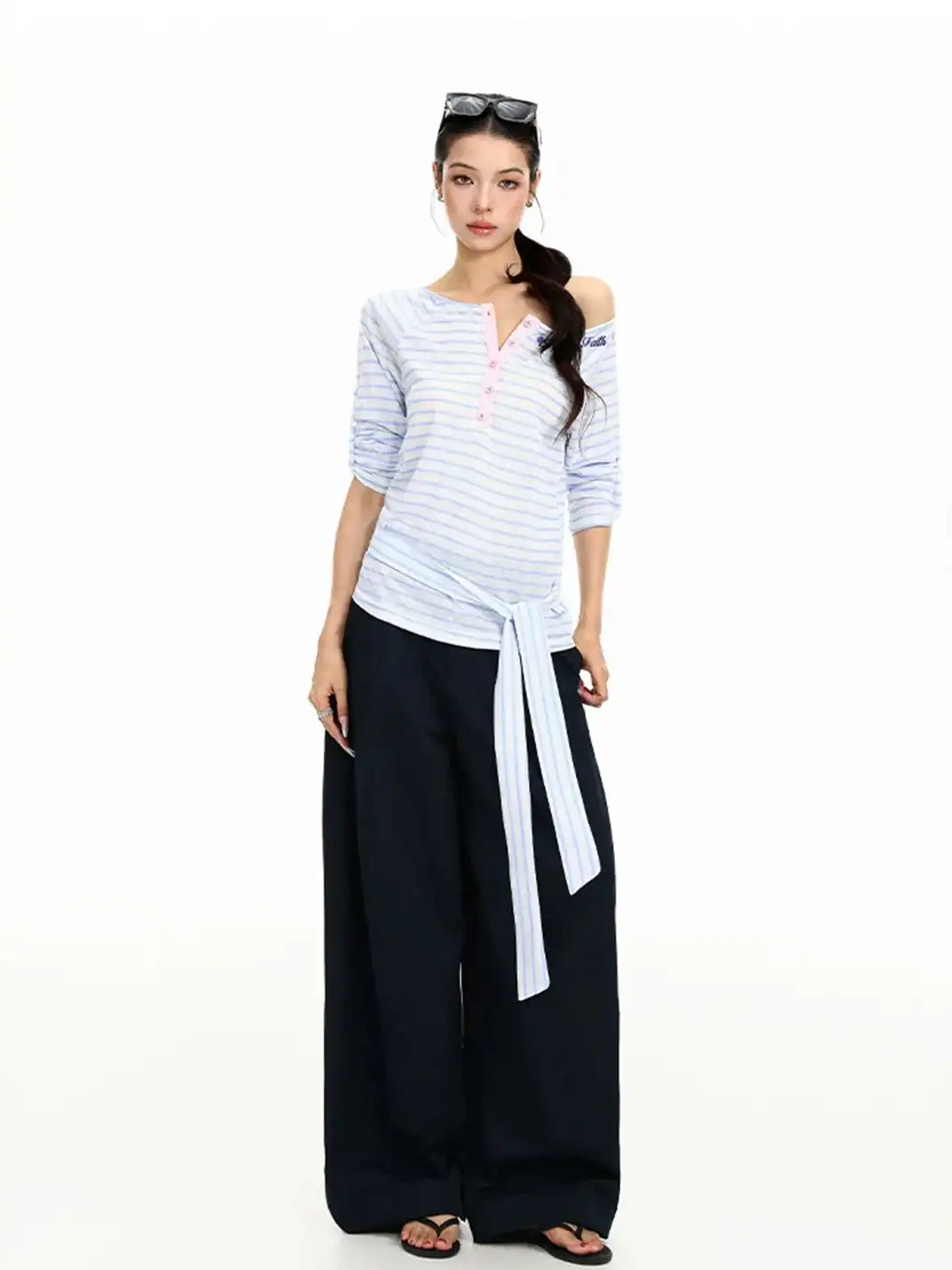BIGGOLD | Striped Pink Button Henley One Shoulder Long Sleeve T-Shirt