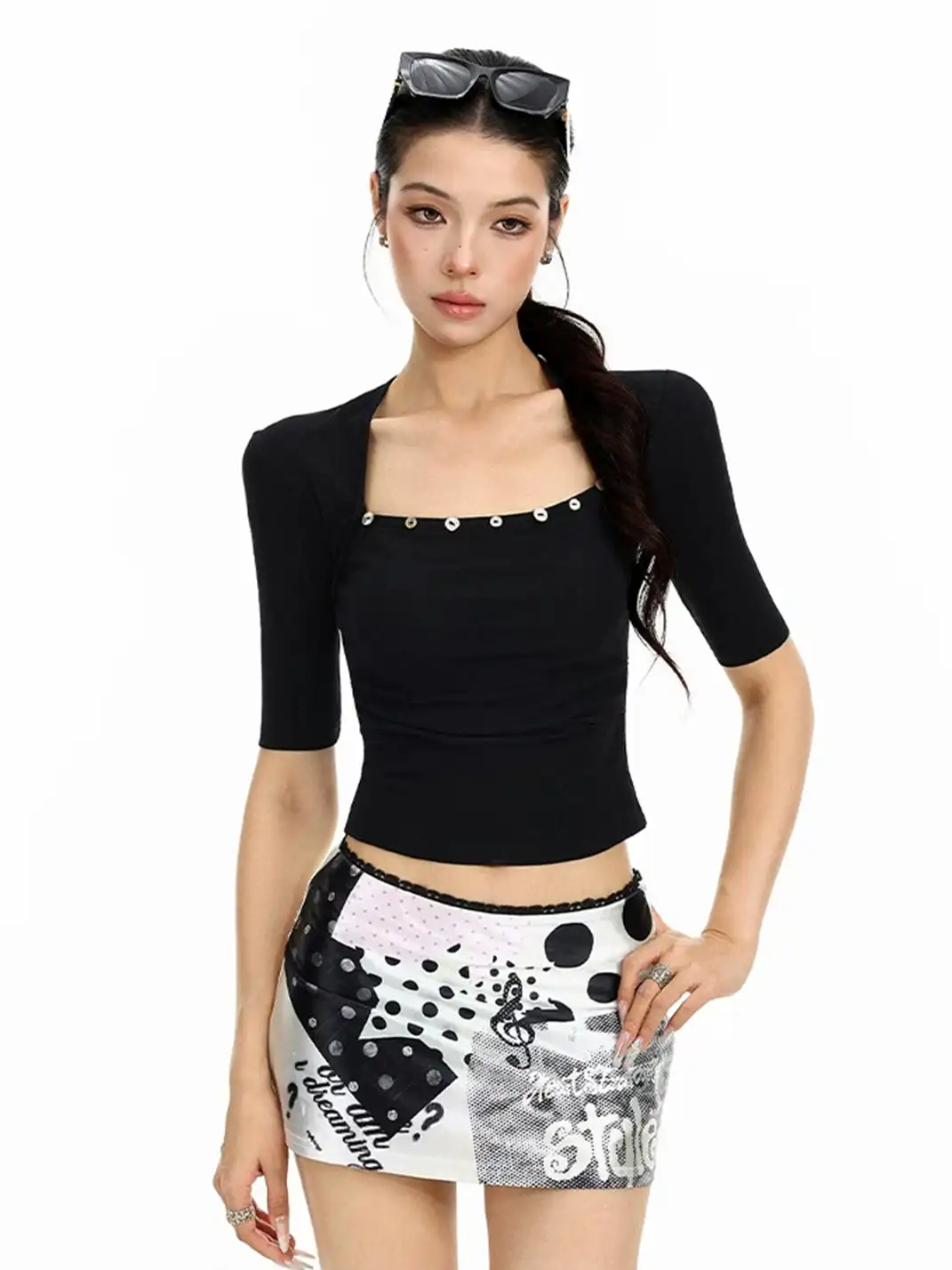 BIGGOLD | Shell Button Fake Two-Piece Short Sleeve T-Shirt