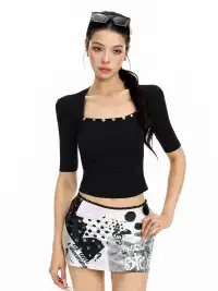 BIGGOLD | Shell Button Fake Two-Piece Short Sleeve T-Shirt