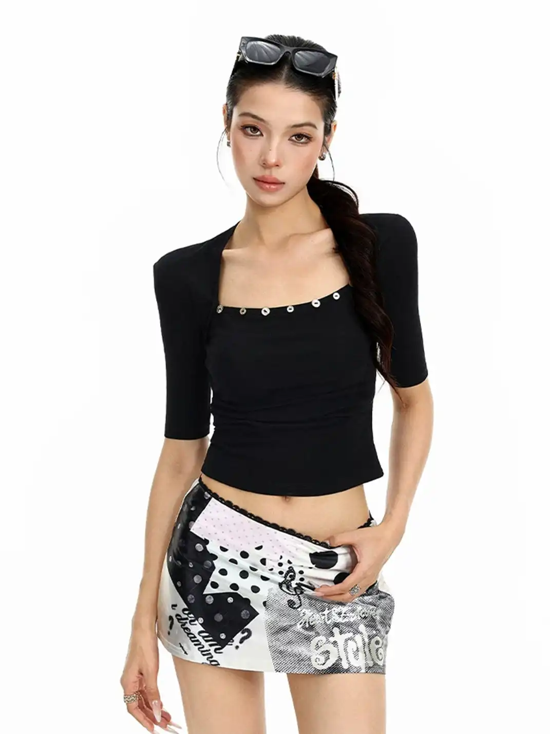 BIGGOLD | Shell Button Fake Two-Piece Short Sleeve T-Shirt