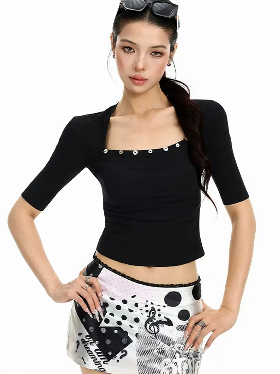 BIGGOLD | Shell Button Fake Two-Piece Short Sleeve T-Shirt