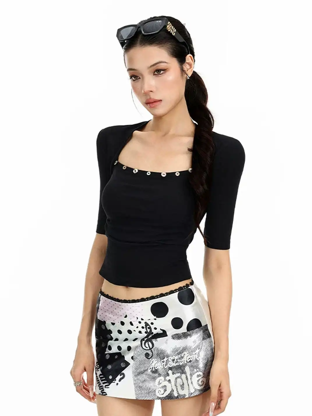 BIGGOLD | Shell Button Fake Two-Piece Short Sleeve T-Shirt