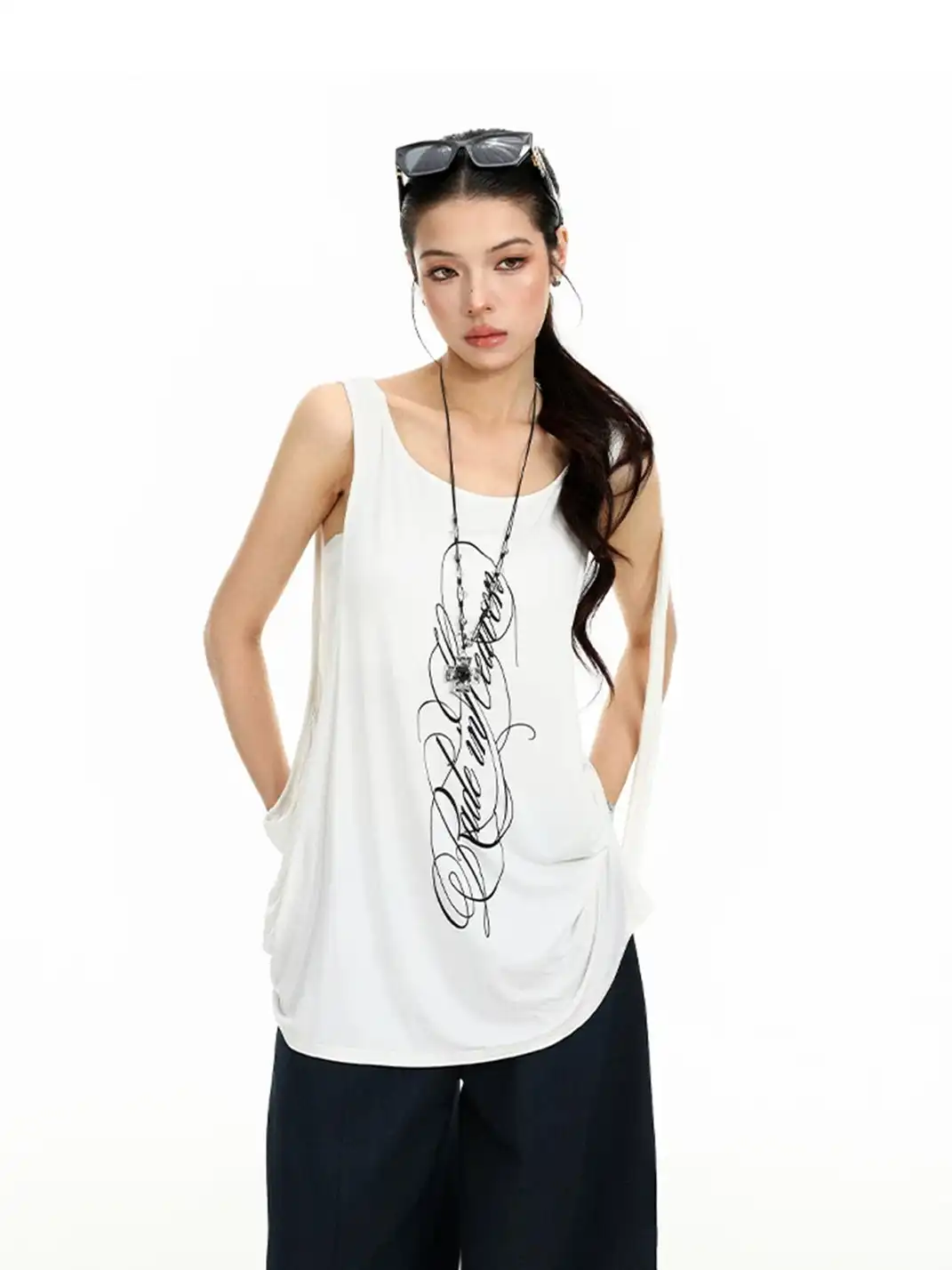 BIGGOLD | Printed Side Cutout Drawstring Sleeveless Tank Top
