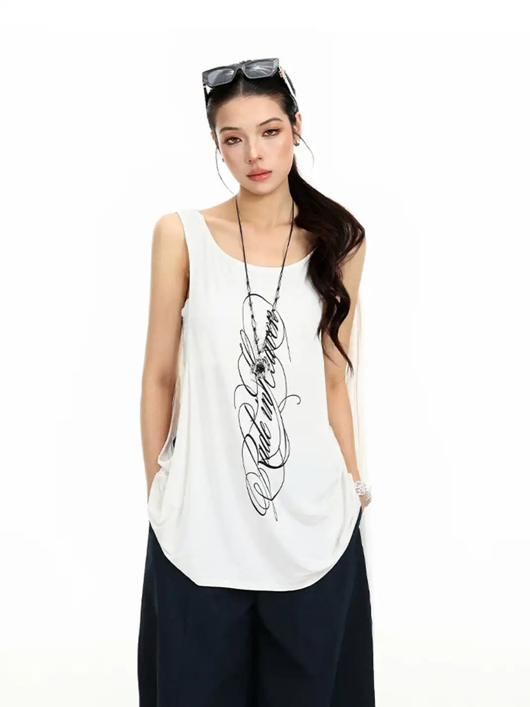 BIGGOLD | Printed Side Cutout Drawstring Sleeveless Tank Top