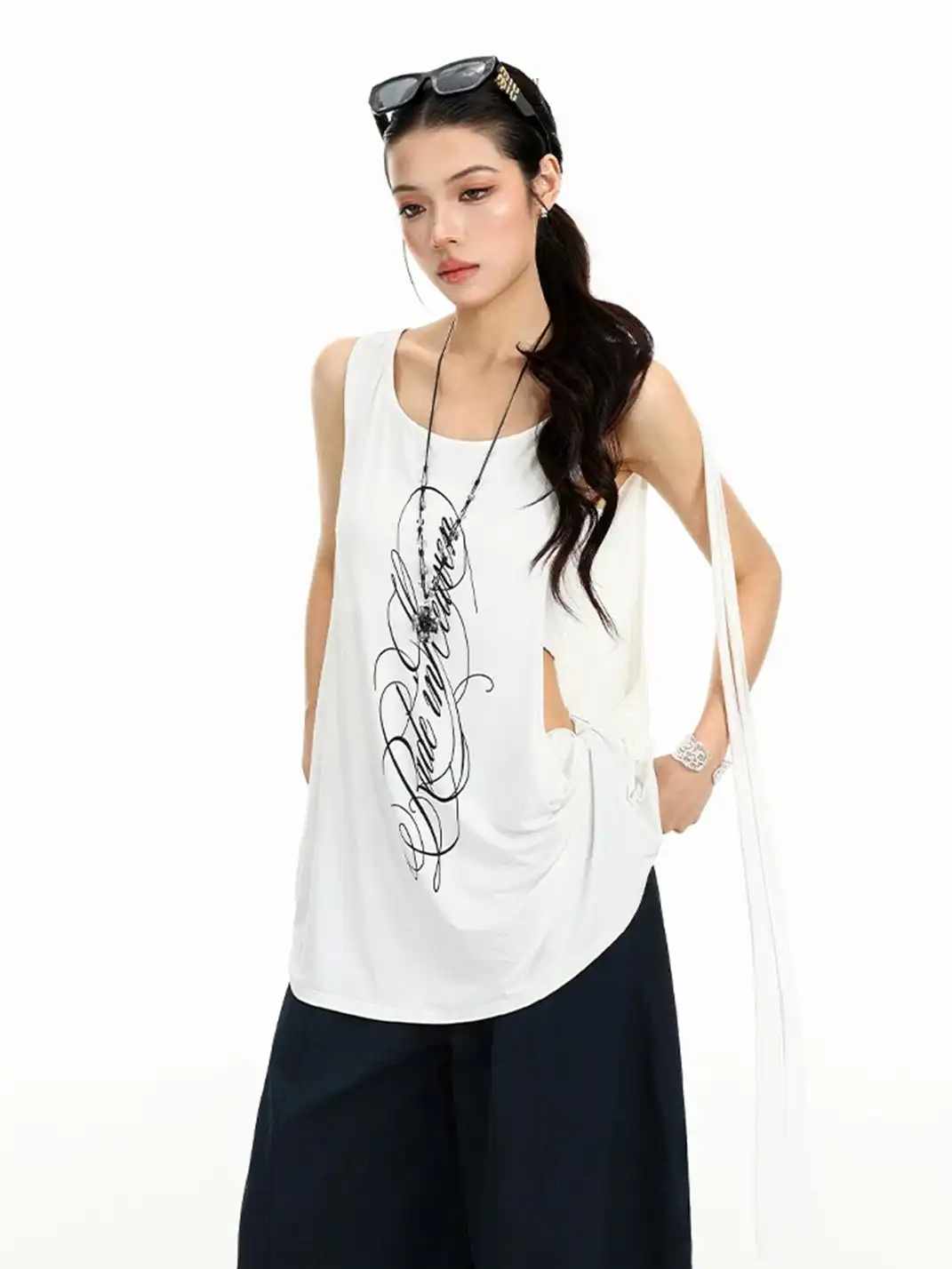 BIGGOLD | Printed Side Cutout Drawstring Sleeveless Tank Top