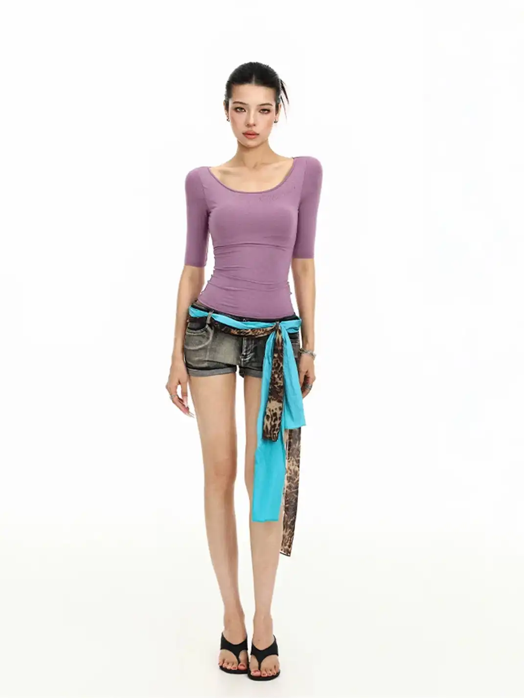 BIGGOLD | Leopard Color Contrast Ribbon Gradient Denim Shorts