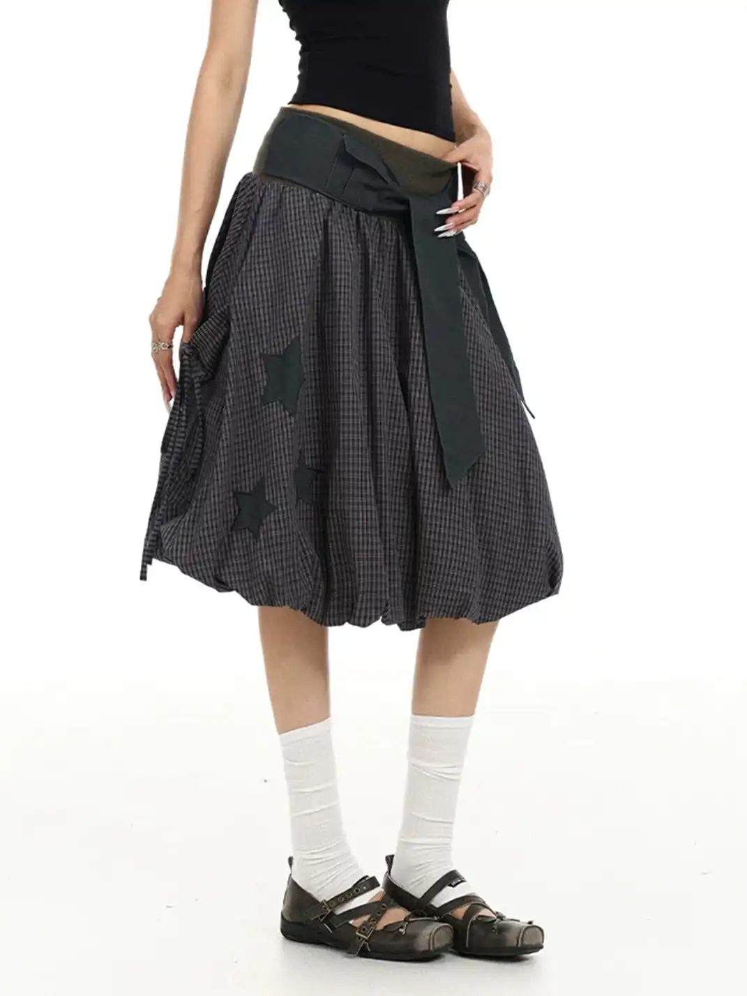 BIGGOLD | Plaid Star Patchwork Embroidery Midi Skirt