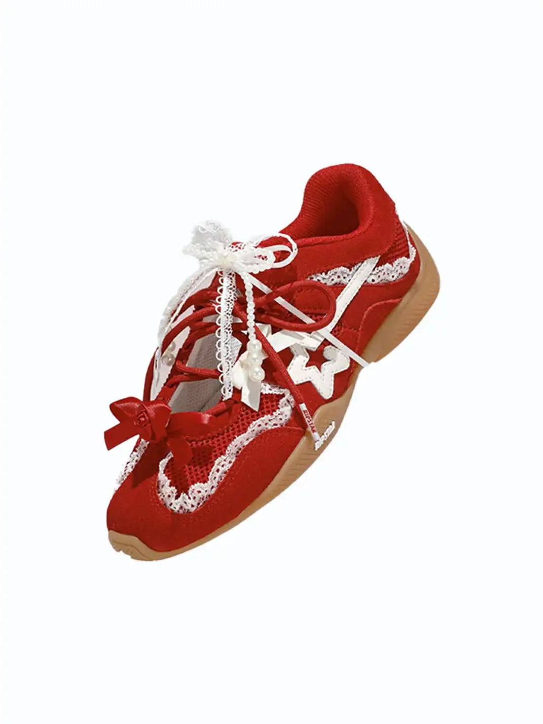 RIPSTAR | Balletcore Red Lace Pearl Bow Training Shoes