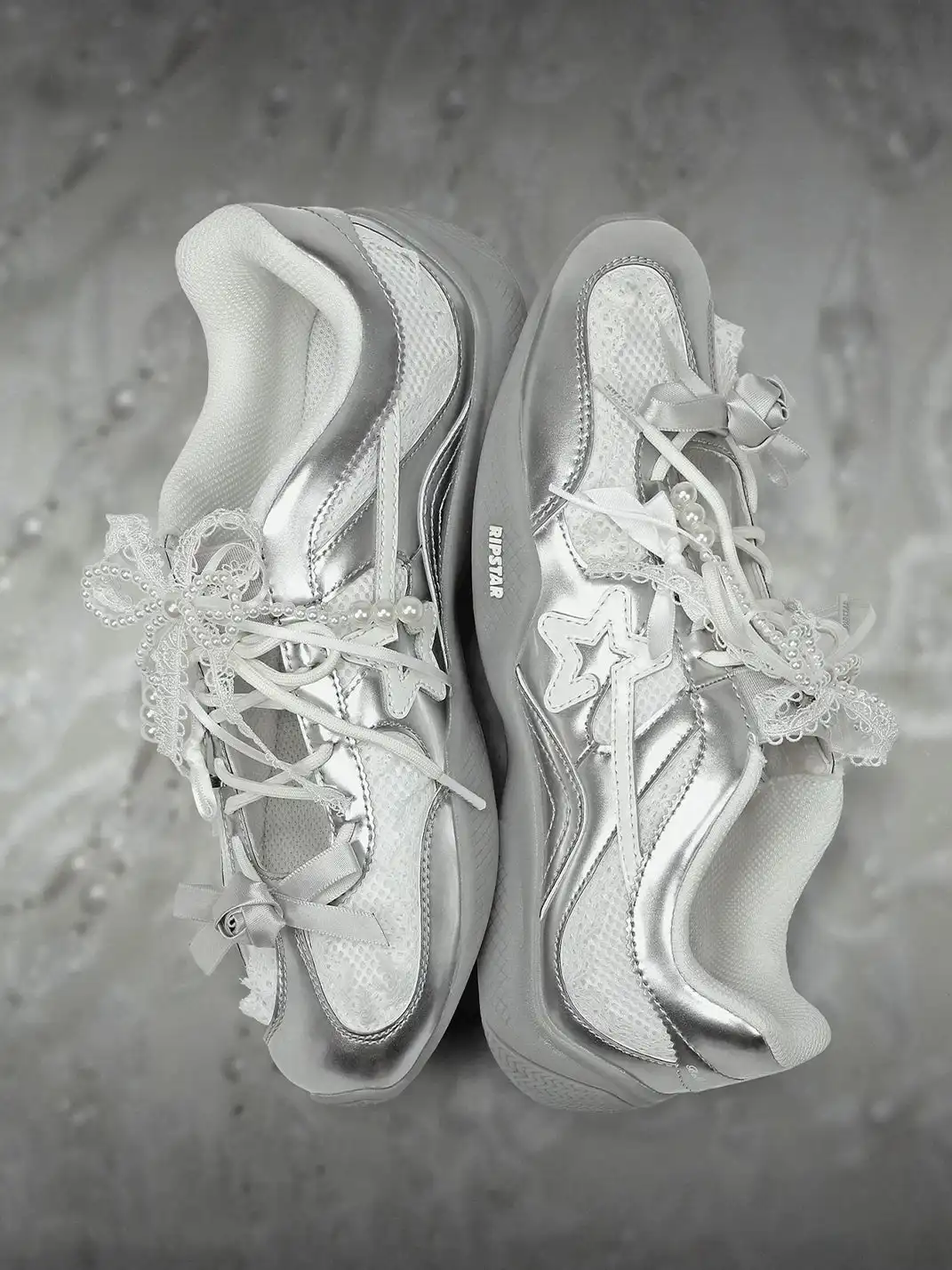 RIPSTAR | Balletcore Red Lace Pearl Bow Training Shoes